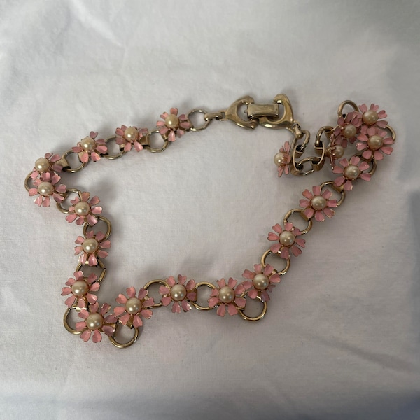 Signed Marino Pink Flower and Pearl Chain Link 6-inch Bronze Toned Clasp Collar Necklace Costume Jewelry Fashion Accessory