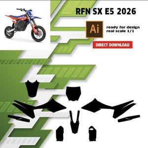 Peut inclure: Une moto tout-terrain électrique bleue, rouge et argentée, avec le texte "RFN SX E5 2026". L'image comprend également des graphiques d'autocollants noirs et le texte "ready for design real scale 1/1" et "DIRECT DOWNLOAD".