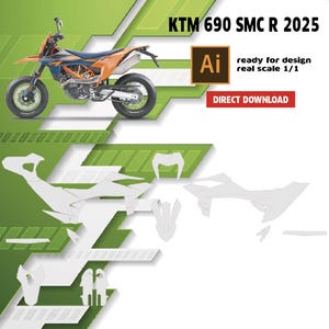 Könnte beinhalten: Ein orangefarbenes und blaues KTM 690 SMC R 2025 Motorrad wird vor einem grün-weißen Hintergrund gezeigt. Das Bild enthält auch eine Grafik mit weißen Motorradteilen und den Text "ready for design real scale 1/1" und "DIRECT DOWNLOAD".