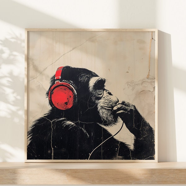 Banksy-Style Monkey with Headphones - Urban Graffiti Art Print, Original Artwork | Ready to Frame