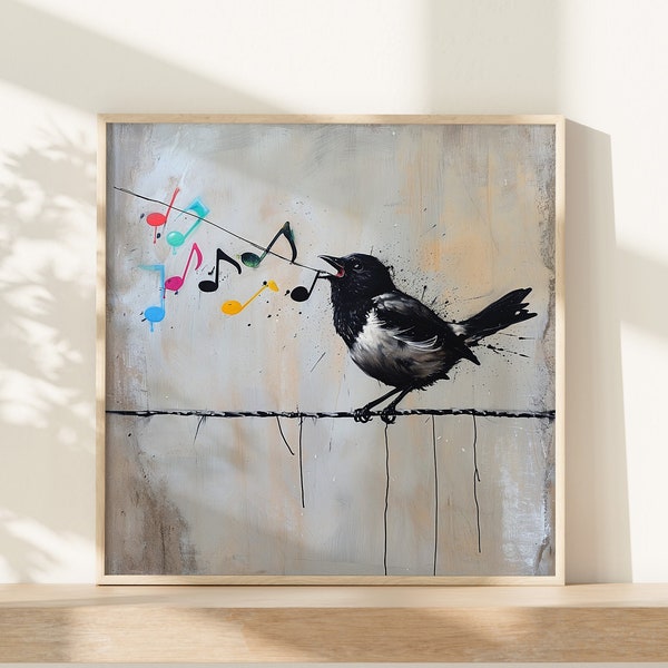 Banksy-Inspired Bird Singing Music Notes - Modern Graffiti Art Print, Street Style Wall Decor, Original Artwork | Ready to Frame