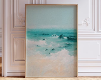 Impresión de pintura original minimalista con vista al mar con textura similar a lienzo para decoración de paredes | Póster mate premium #01