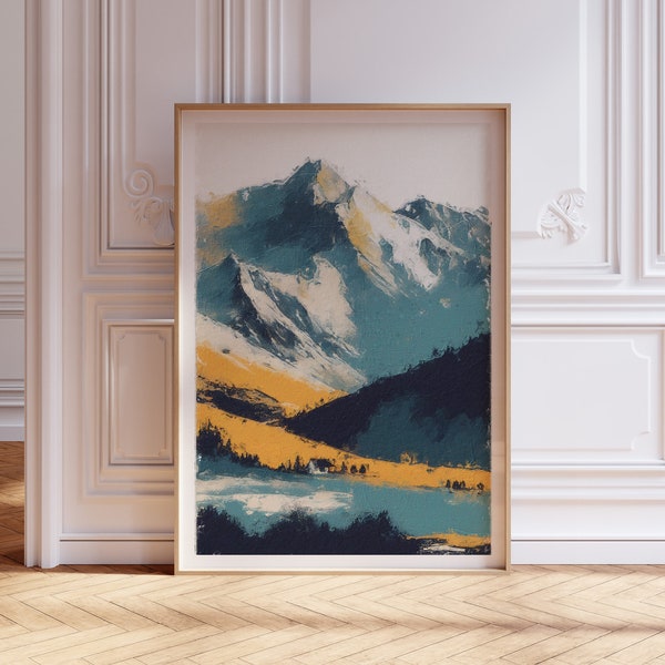 Mountain Landscape Impressionism Poster – Serene Alpine View in Bold Brushstrokes with Canvas Look Texture | Premium Matte Poster #01