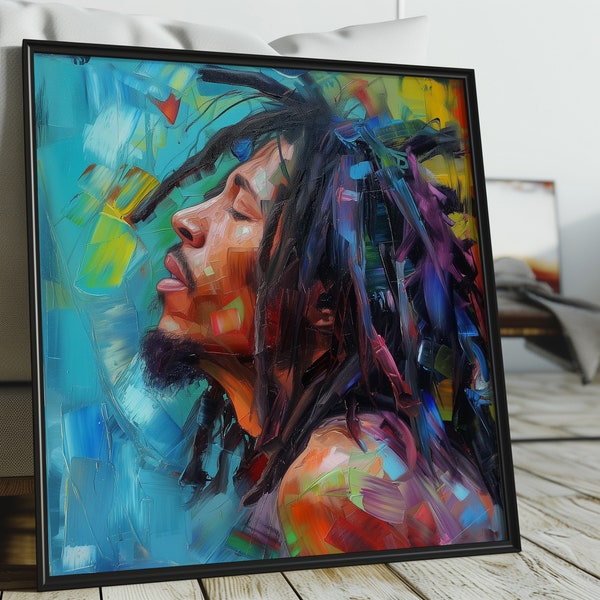 Bob Marley Colorful Oil Painting - Reggae Music Icon, Vibrant Rasta Artwork, Premium Quality Paper Print