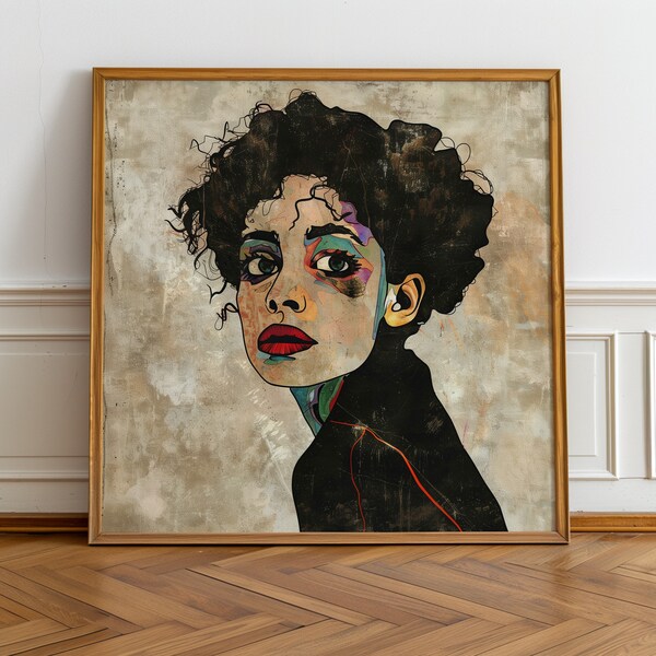 Egon Schiele Inspired Female Figure Portrait: Expressive Art Print | Vivid Interpretation of a Master's Style for Elegant Decor