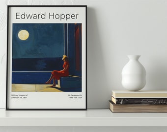 Edward Hopper geïnspireerde kunstprint: Dame kijkt naar de maan | Whitney Museum-tentoonstelling 1957 | Klaar om in te lijsten