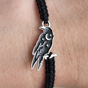 Pulsera de macramé con forma de cuervo, dije de pájaro y luna, joyería de la amistad, pájaros negros, cordón ajustable, regalos