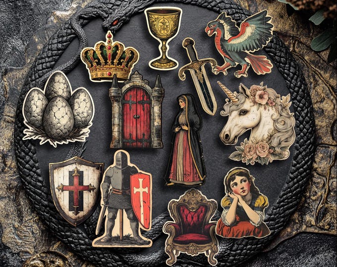 Medieval Fantasy Stickers – Fairytale-style stickers – Unicorn, knight, coat of arms, dragon egg, scrolls