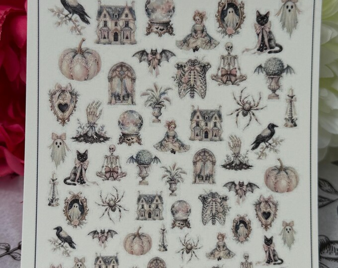 Cute Halloween nail stickers, pink Halloween nails, bow nail art, water-slide decal, Victorian-style nail sticker