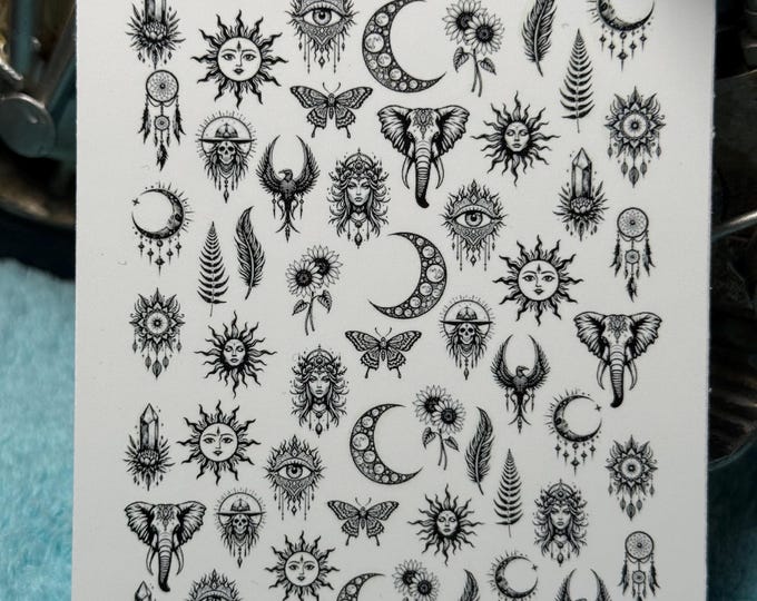 Spiritual nail art waterslide stickers for nails, black and white nail stickers, nature, sun and moon, aesthetic, wildflower