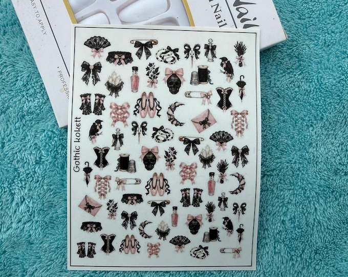Gothic Coquette Seductive Water-Slide Nail Art Decals, Dark Romantic Nails