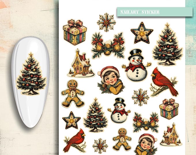 Nail art stickers Christmas, antique Christmas, gingerbread house angel Christmas tree poinsettia winter, nail stickers, nail tattoo
