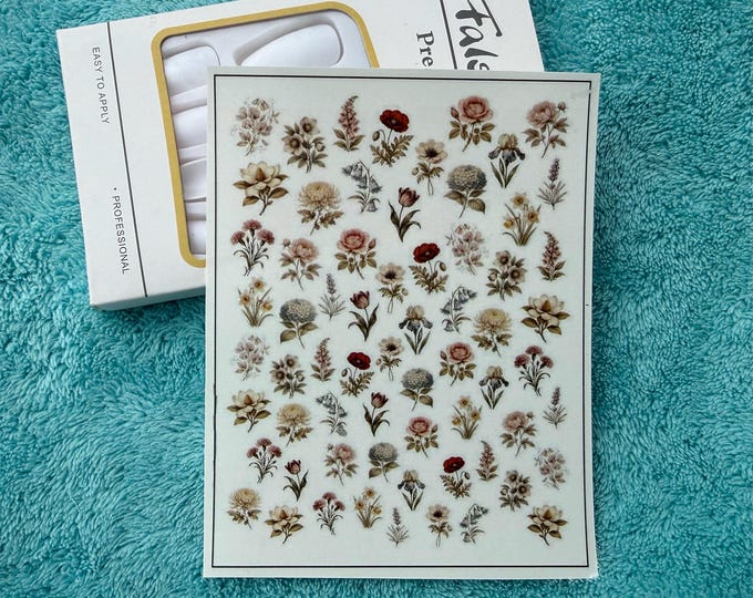 Vintage floral nail stickers, botanical nails, wildflowers, Victorian nail art, water-slide decals
