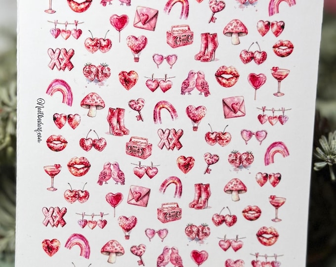 Retro Valentine's Day Heart Nail Stickers, Water Slide Stickers, Decals for Nails, Nail Art, Groovy Hearts