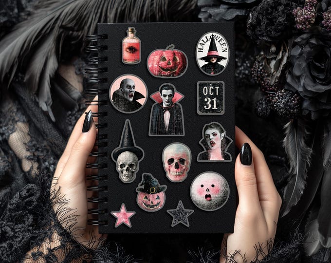 Gothic Vintage Halloween Sticker Set – Vampire, Skull, Pumpkin, Vampire Girl, Bloodsucker, Fangs