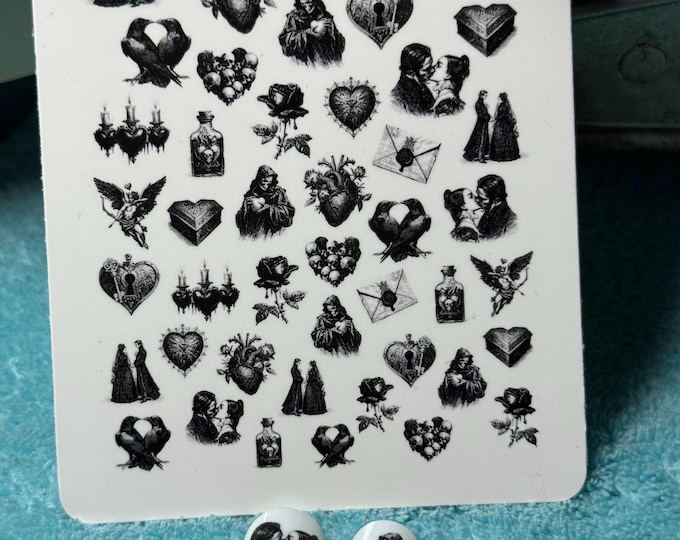 Dark Love Water Nail Stickers, Water Slide Stickers for Nails, Gothic Valentine's Day Nail Art Stickers, Old School