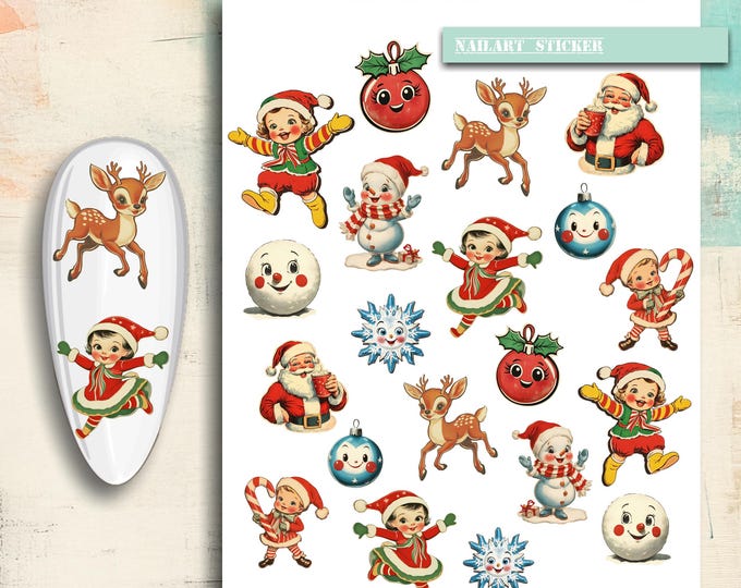 Nail art stickers Christmas, antique Christmas, elf, gnome, Christmas tree, poinsettia, winter, nail stickers, nail tattoo