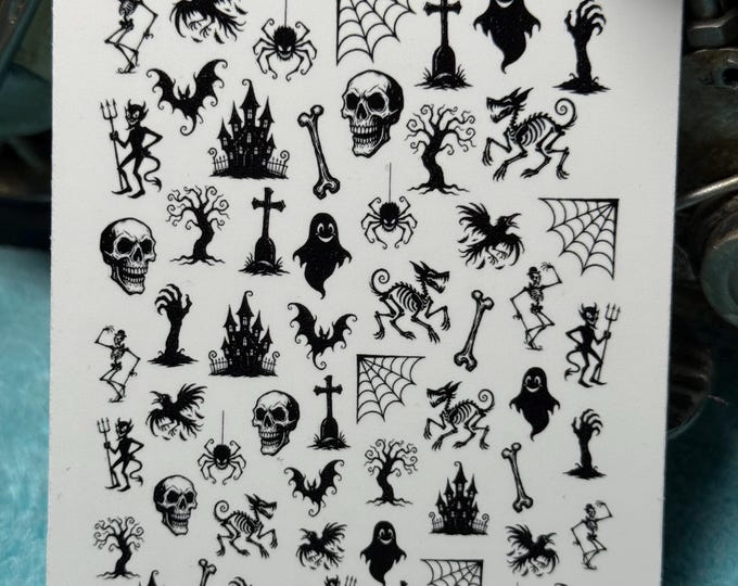 Halloween Horror Water Nail Stickers, Water Slide Stickers for Nails, Nail Art Stickers Skeleton, Bat, Skull