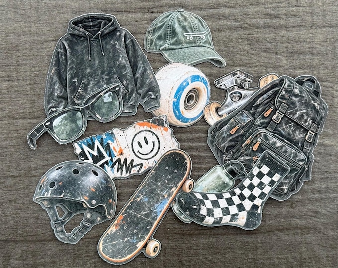 Skateboarding stickers, retro-style skateboard-themed stickers available in 2 sizes
