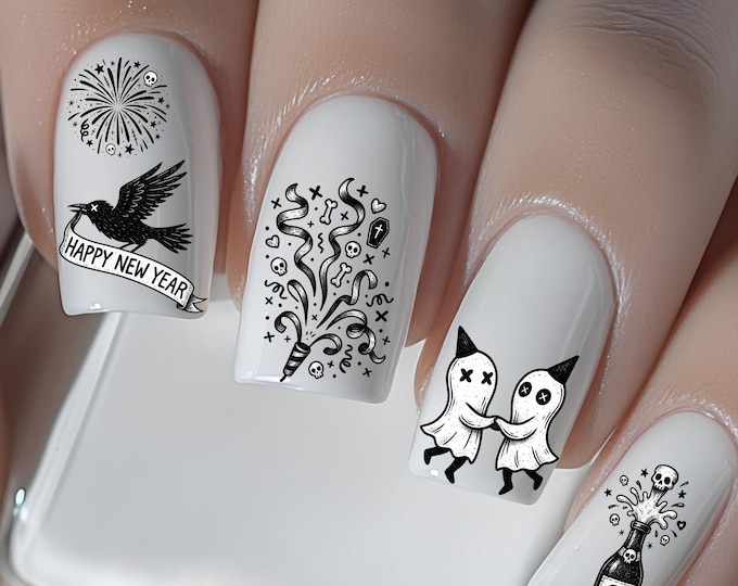 Gothic New Year's nail stickers, waterslide stickers, decals for nails, nail art, nail design, New Year's Eve, black and white party
