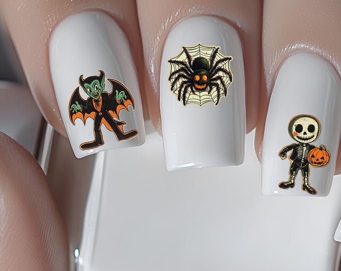 Retro Halloween water nail stickers, water slide stickers for nails, nail stickers skeleton in pumpkin, spider, spider web