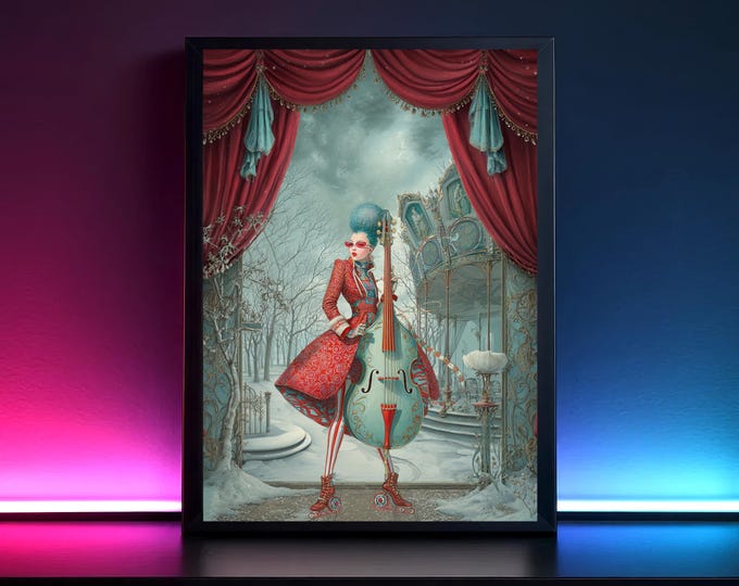 Quirky Christmas Musician with Cello, Poster, Color Poster, Wall Art, Art Print, Wall Poster