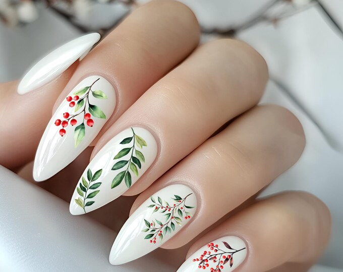 Botanical Winter Nail Art, Christmas Waterslide Nail Decals, Green Mistletoe Nail Design