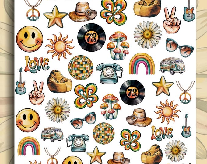 Groovy Flower Power Water Slide Nail Stickers, 70s Retro Boho Hippie Style Nail Stickers