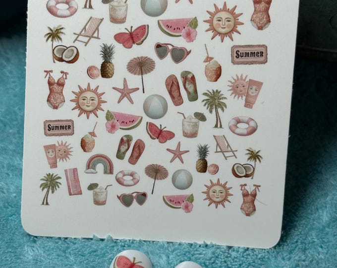 Retro summer water slide nail stickers, water slide stickers for nails, nail art stickers for vacation, sun, holidays