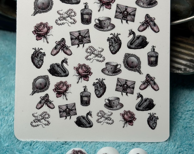 Dark Gothic Romance Nail Art Water Slide Stickers for Nails, Anatomical Heart Nail Stickers, Broken Mirror, Black Swan