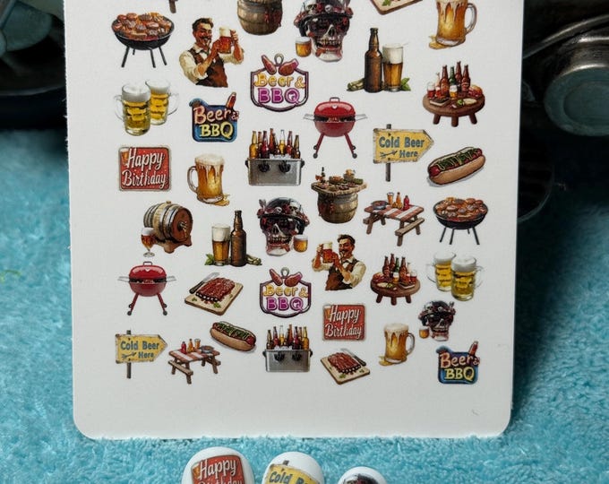Barbecue, birthday party, water-based nail stickers, beer-themed stickers, nail art, barbecue, party, celebrations