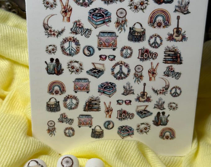 Boho Hippie Water Slide Nail Stickers, 70s Style Nail Art Stickers, Retro, Peace