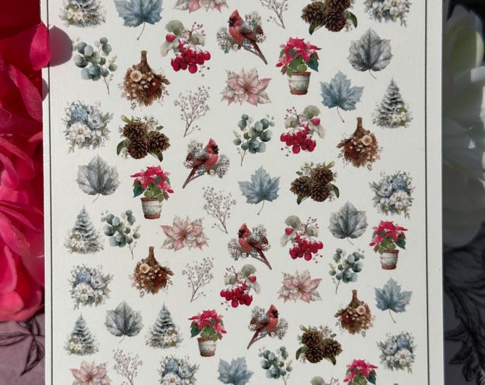 Winter Floral Nail Art Water-Slide Decals (Flowers, Winter, Leaves, Poinsettia, Frosty Foliage)