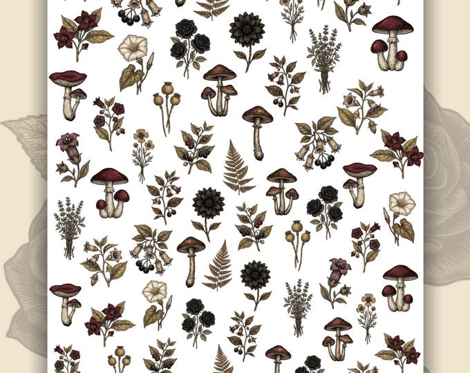 Antique Floral Nail Art Water Slide Stickers for Nails, Mushroom Nail Stickers, Vintage Floral