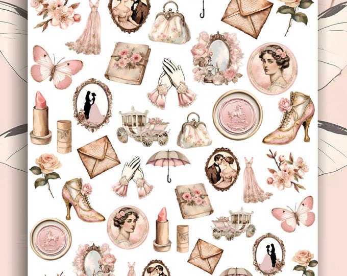 Victorian Era Water Slide Nail Stickers, Regency Era Nail Stickers, Dusty Rose