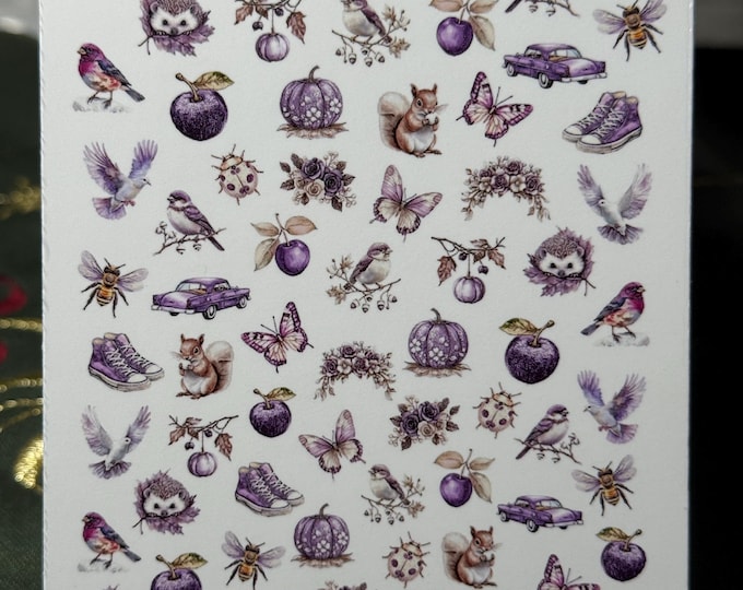 2D Water Nail Stickers Purple Autumn, Stickers for Nails, Nail Art Squirrel, Hedgehog, Leaves, Floral Vines