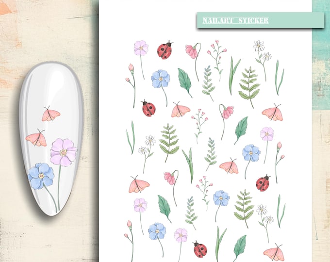 Nail Stickers, Nail Art Meadow Flower - Nail Stickers, Nail Art - Waterslide Decals - Butterfly, Ladybug, Wildflowers