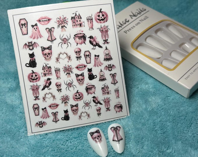 Halloween nail stickers, Halloween nail art stickers, nail stickers for fingernails, water-slide nail decals (skull, bow, cat)