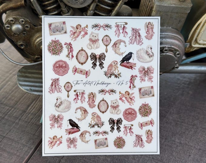 Victorian Christmas Water-Slide Decal Sticker | Angel Nails | Nail Art | Bow | Swan | Pink | Cat