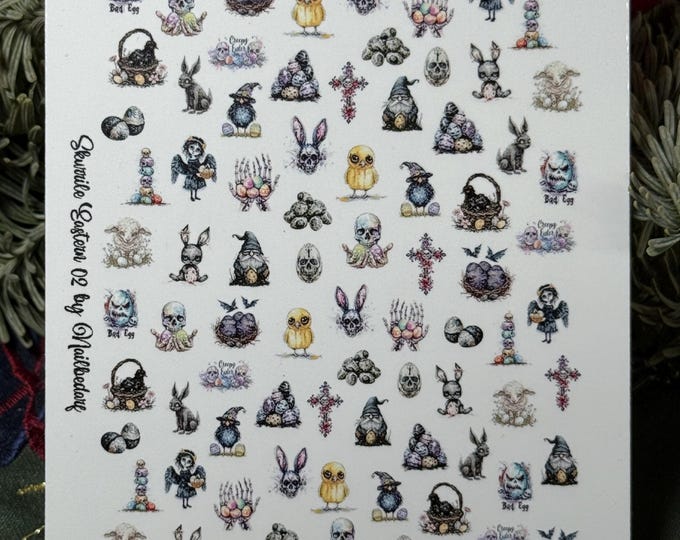 2D Quirky Easter Nail Stickers, Horror Easter Bunny Decals, Waterslide Nail Art Stickers