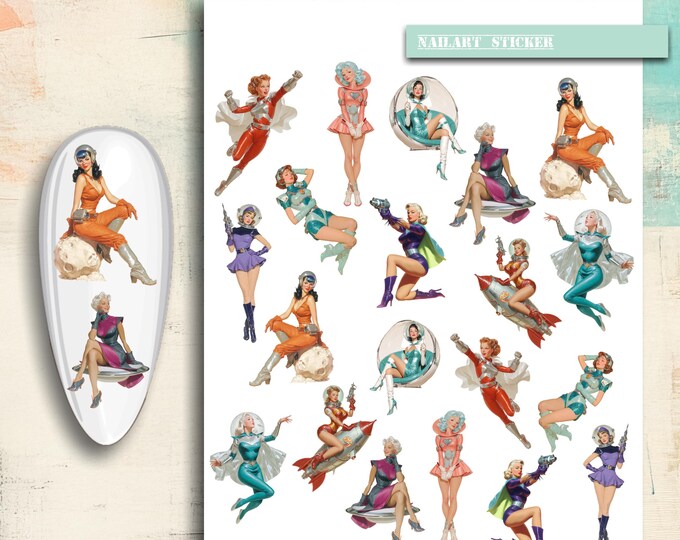 Nail Stickers / Retro Space Girl / Water Nail Decals / Nail Art / 1950s Atomic Pin-Up