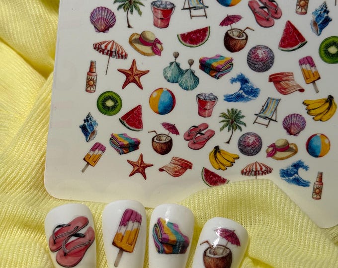 Summer Party Water Nail Stickers, Water Slide Decals, Retro Nail Art Stickers, Holiday, Sun