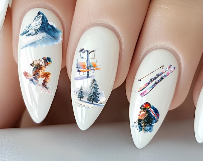 Ski & Snowboard Water Nail Stickers, Water Decals for Nails, Winter, Sports, Sports Vacation, Mountains