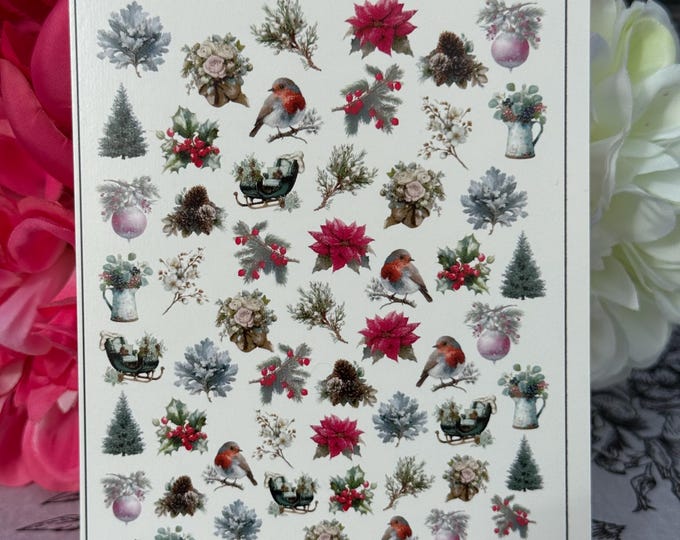 Winter Floral Nail Art Water-Slide Decals (Flowers, Winter, Leaves, Poinsettia, Frosty Foliage)