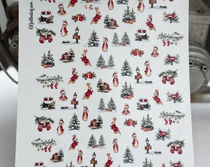 Nail stickers, Christmas bunnies water slide nail stickers decals for nails nail art winter forest rabbits cute bunnies