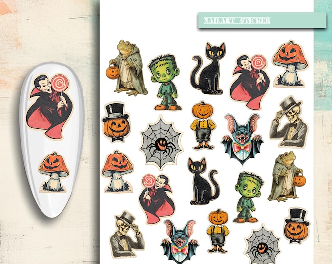 Nail Stickers / Halloween / Water Nail Decals / Spooky / Nail Art / Ghost / Bat / Retro