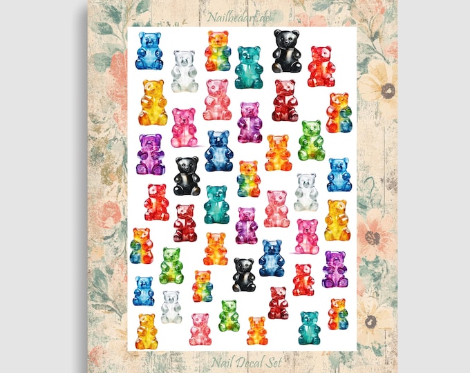 Bear nail stickers, water nail decals, gummy bear nail art, nail tattoo