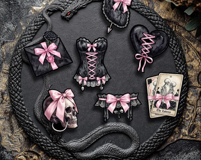 Gothic Love Sticker Set, Letter, Black and Pink Skull Fantasy Stickers
