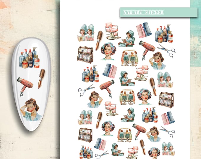 Nail Stickers / Hairdresser Supplies / Retro Hair Dryer, Round Brush, Scissors / Nail Art