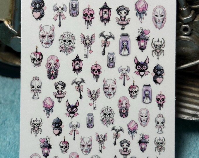 Gothic Valentine's Day nail art waterslide stickers for nails, creepily cute nail stickers, pastel gothic pink